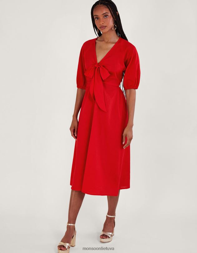 Monsoon inez paprastas kaklaraištis priekyje midi suknelė moterys raudona apranga DPXBJ47