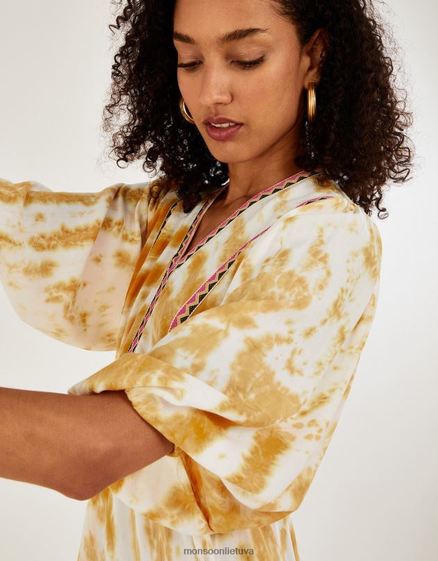 Monsoon kaklaraištis dažais marginta kaftano suknelė moterys geltona (ochra) apranga DPXBJ937