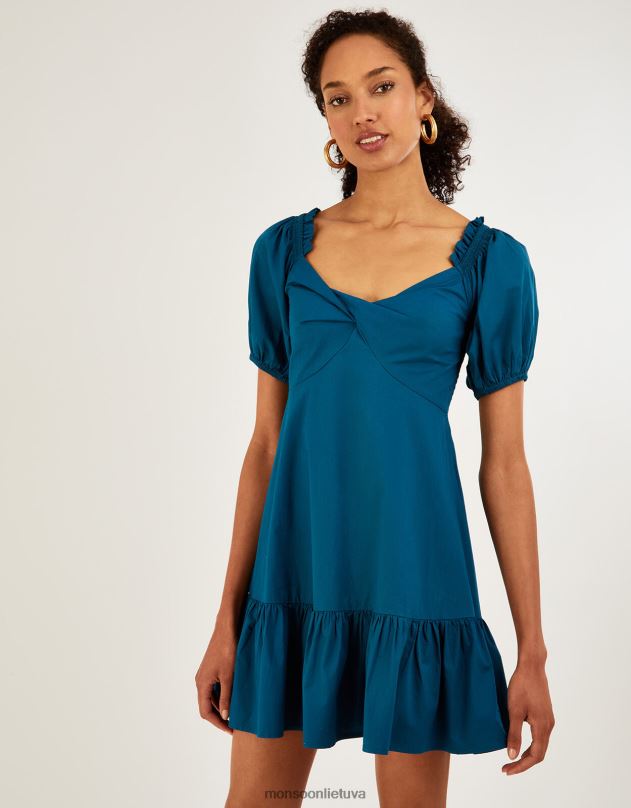 Monsoon paprastos poplino spalvos suknelė moterys žalsvai mėlyna apranga DPXBJ910