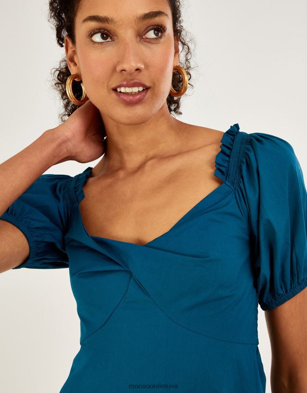Monsoon paprastos poplino spalvos suknelė moterys žalsvai mėlyna apranga DPXBJ910