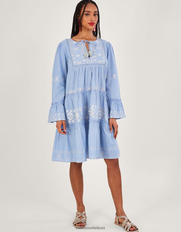 Monsoon siuvinėta daugiasluoksnė suknelė moterys mėlyna apranga DPXBJ699