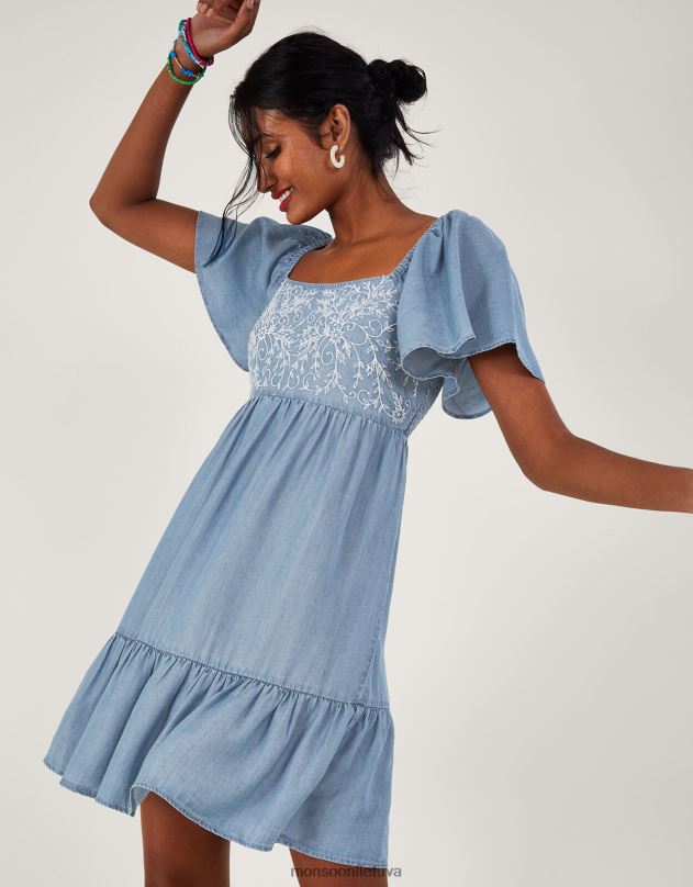 Monsoon siuvinėta trumpa džinsinė suknelė moterys mėlyna (džinsinė mėlyna) apranga DPXBJ974