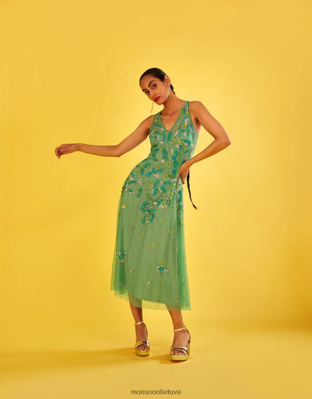 Monsoon Amanda puošta midi suknelė iš perdirbto poliesterio moterys žalias apranga DPXBJ1000