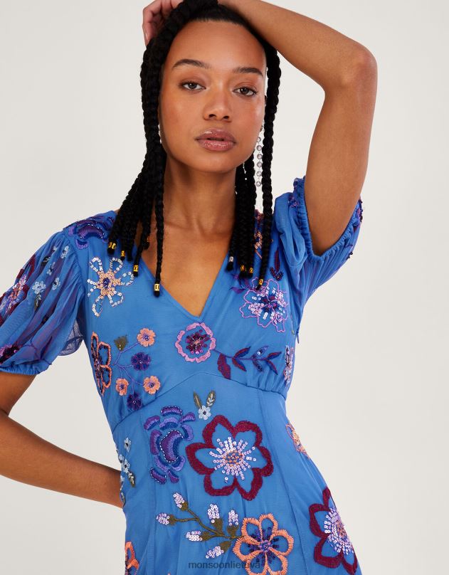 Monsoon Annie siuvinėta midi suknelė iš perdirbto poliesterio moterys mėlyna apranga DPXBJ358