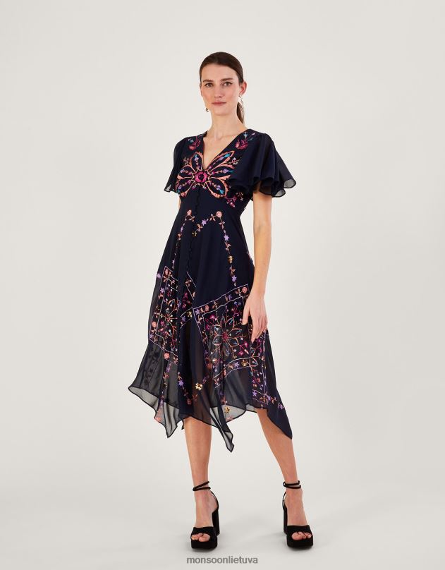 Monsoon Bretanės siuvinėta suknelė iš perdirbto poliesterio moterys mėlyna (navy) apranga DPXBJ1011