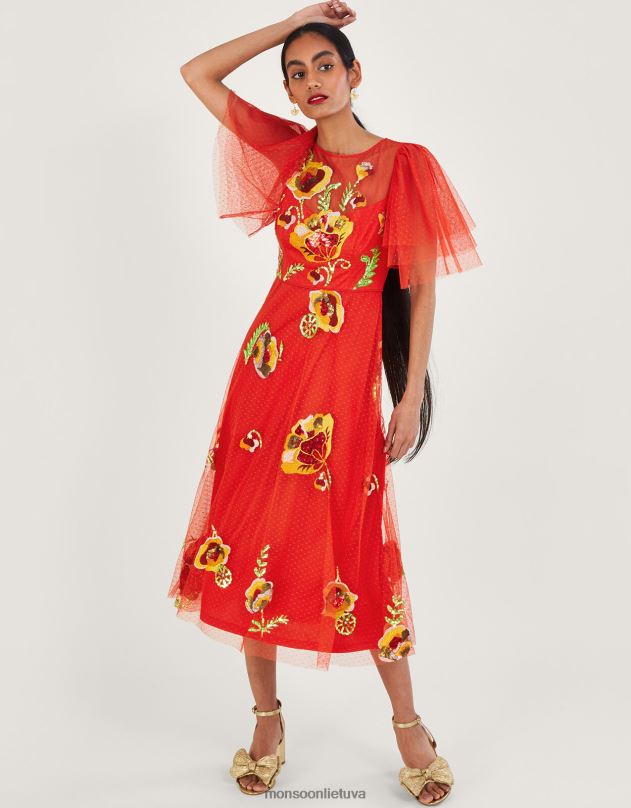 Monsoon Claudia puošta midi suknelė moterys raudona apranga DPXBJ764