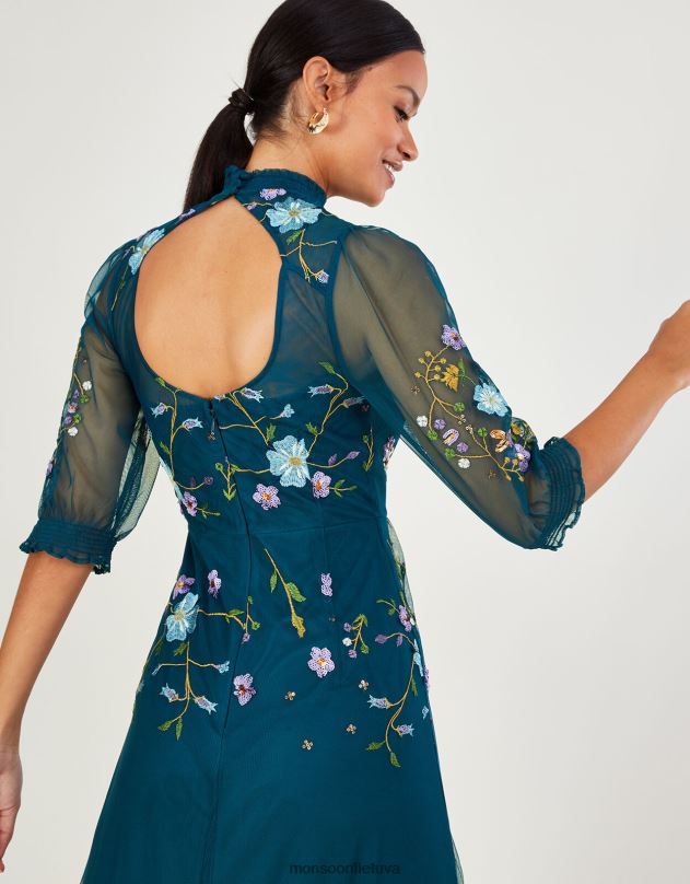 Monsoon Francesca siuvinėta midi suknelė moterys mėlyna apranga DPXBJ1033