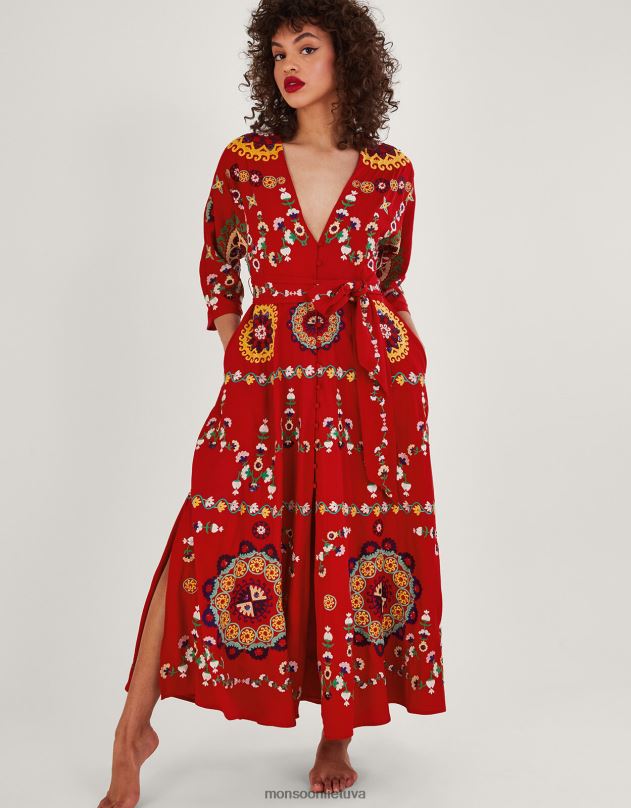 Monsoon Jennifer rankomis puošta kimono suknelė moterys raudona apranga DPXBJ1063