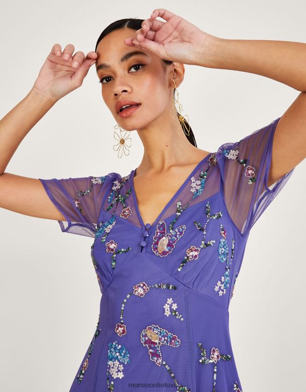 Monsoon Kathy puošta midi suknelė iš perdirbto poliesterio moterys mėlyna apranga DPXBJ1088