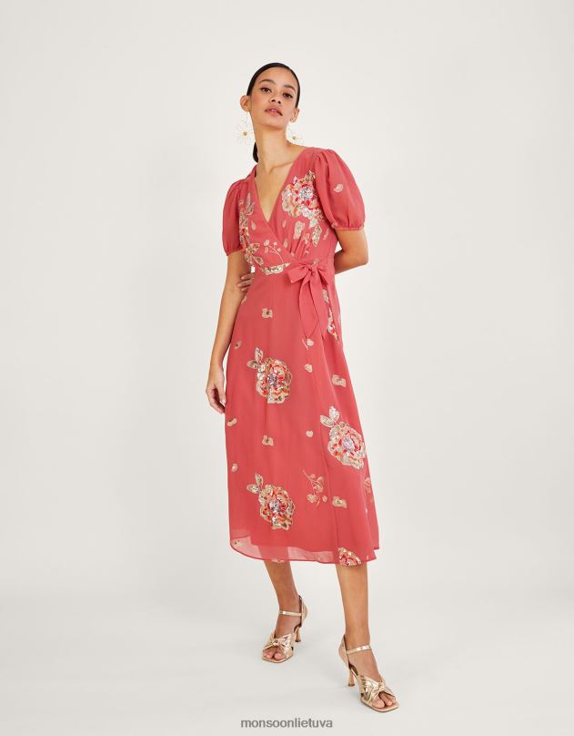 Monsoon Kira puošta įvyniojama suknelė iš perdirbto poliesterio moterys rožinis apranga DPXBJ992