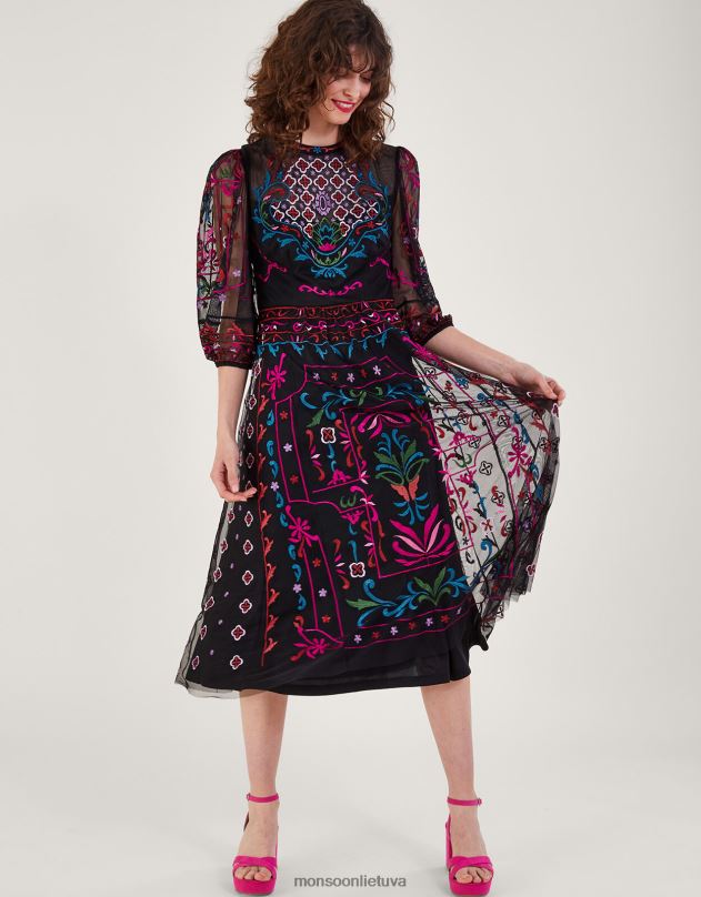 Monsoon Maddie siuvinėta arbatos suknelė moterys juodas apranga DPXBJ12