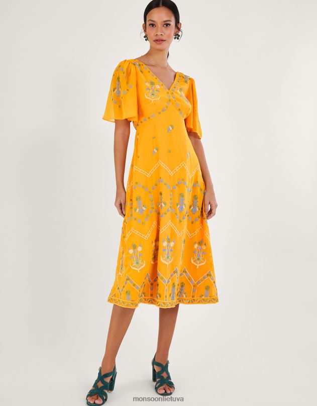 Monsoon Margo siuvinėta arbatos suknelė iš perdirbto poliesterio moterys geltona apranga DPXBJ741