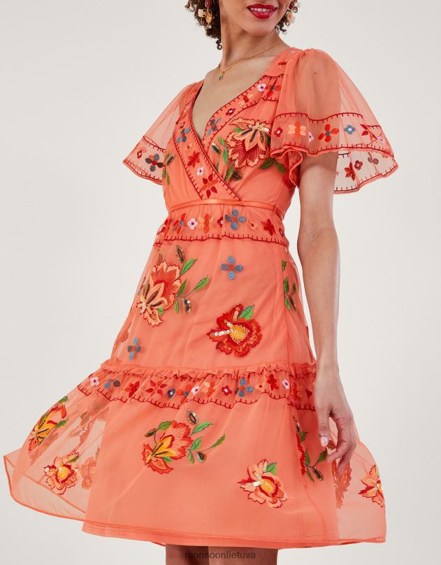 Monsoon ana siuvinėta daugiasluoksnė suknelė iš perdirbto poliesterio moterys oranžinė apranga DPXBJ916