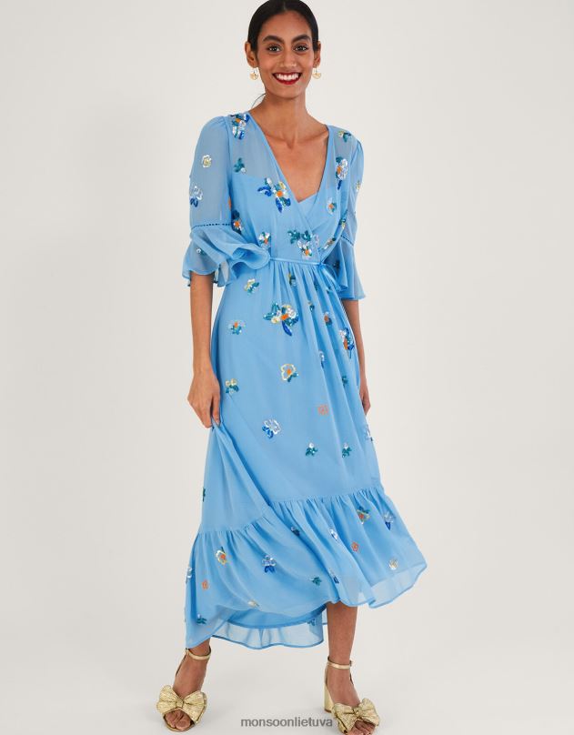 Monsoon daniella puošta įvyniojama suknelė iš perdirbto poliesterio moterys mėlyna apranga DPXBJ804