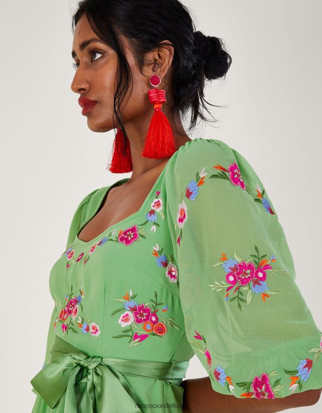 Monsoon emelia gėlėmis siuvinėta suknelė iš perdirbto poliesterio moterys žalias apranga DPXBJ270