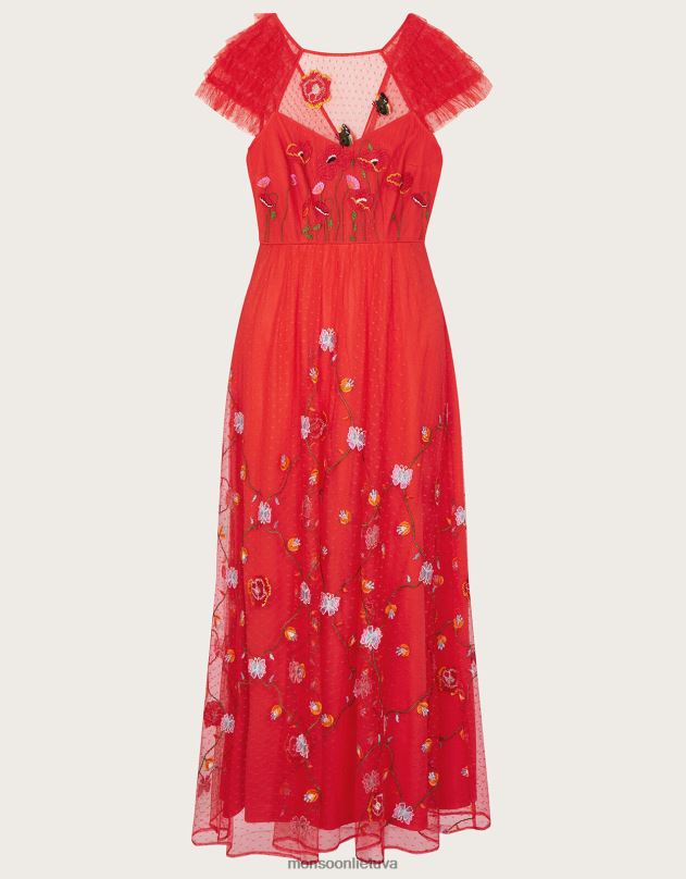 Monsoon octavia siuvinėta midi suknelė moterys raudona apranga DPXBJ785