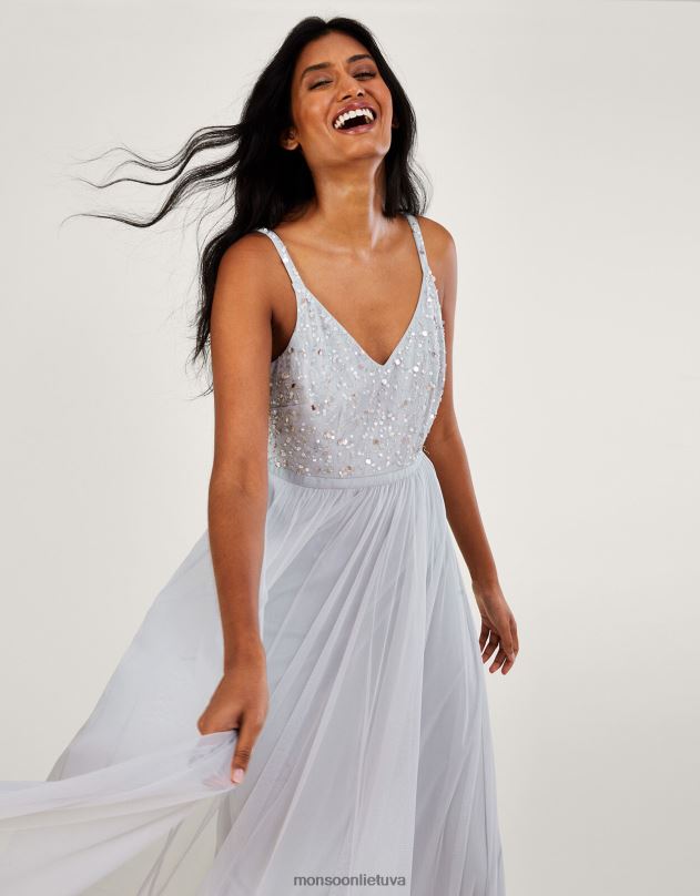 Monsoon rudeniškai puošta maxi suknelė iš perdirbto poliesterio moterys sidabras apranga DPXBJ383