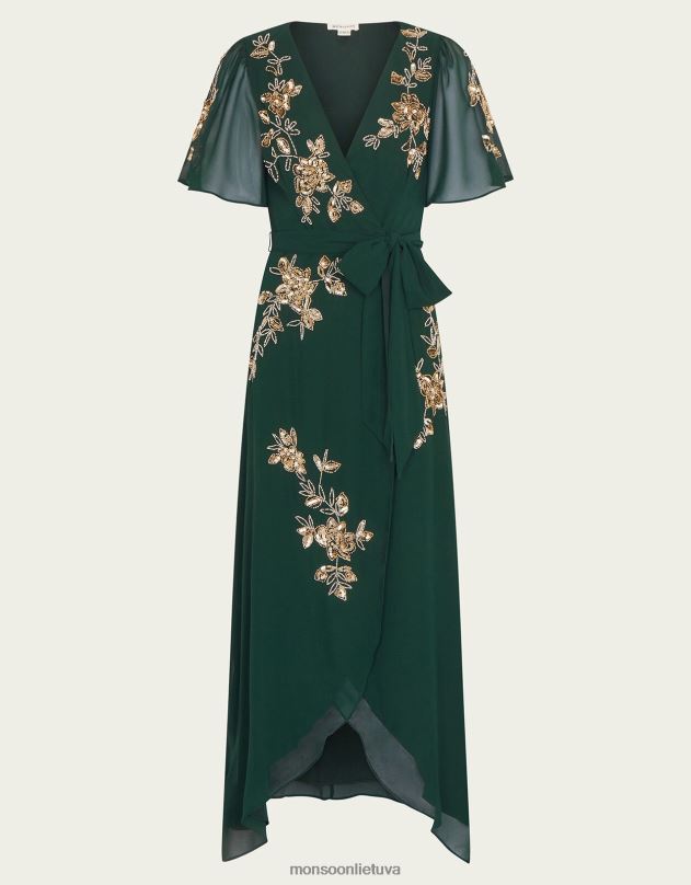 Monsoon sarah puošta įvyniojama suknelė iš perdirbto poliesterio moterys žalias apranga DPXBJ5