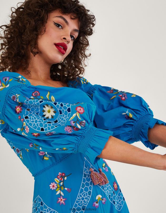 Monsoon tina siuvinėta suknele iki kelių moterys mėlyna apranga DPXBJ965