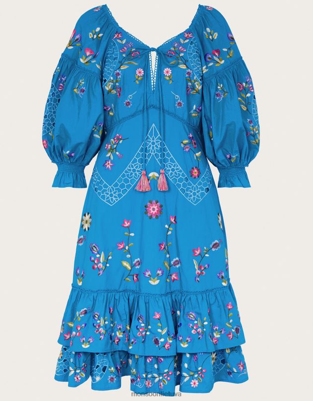 Monsoon tina siuvinėta suknele iki kelių moterys mėlyna apranga DPXBJ965