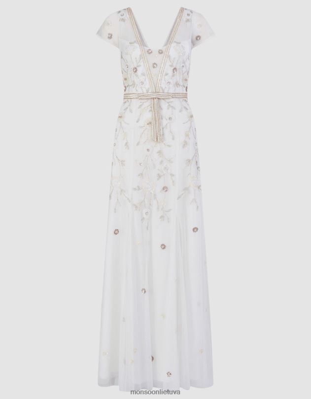 Monsoon Michelle siuvinėta maxi suknelė moterys dramblio kaulo apranga DPXBJ620