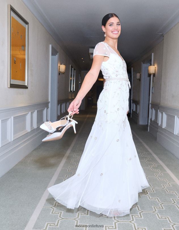 Monsoon Michelle siuvinėta maxi suknelė moterys dramblio kaulo apranga DPXBJ620