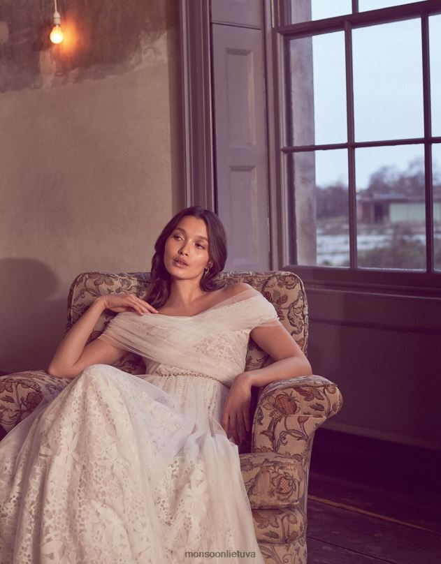 Monsoon laurie nėrinių ir tiulio bardot nuotakos suknelė moterys dramblio kaulo apranga DPXBJ2742