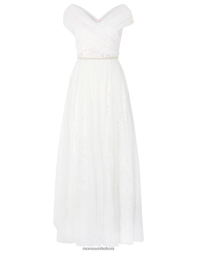 Monsoon laurie nėrinių ir tiulio bardot nuotakos suknelė moterys dramblio kaulo apranga DPXBJ2742
