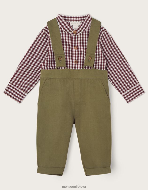 Monsoon naujagimio gingham dungarees ir marškinių rinkinys vaikai žalia (chaki) apranga DPXBJ2224