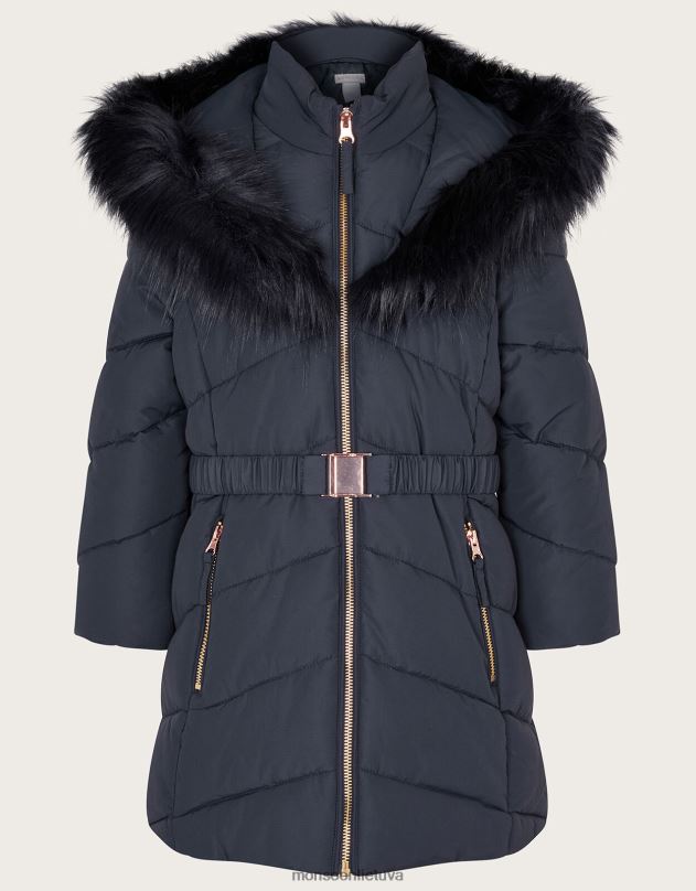 Monsoon Diržuotas dirbtinio kailio paltas su gobtuvu mergina mėlyna (navy) apranga DPXBJ1698
