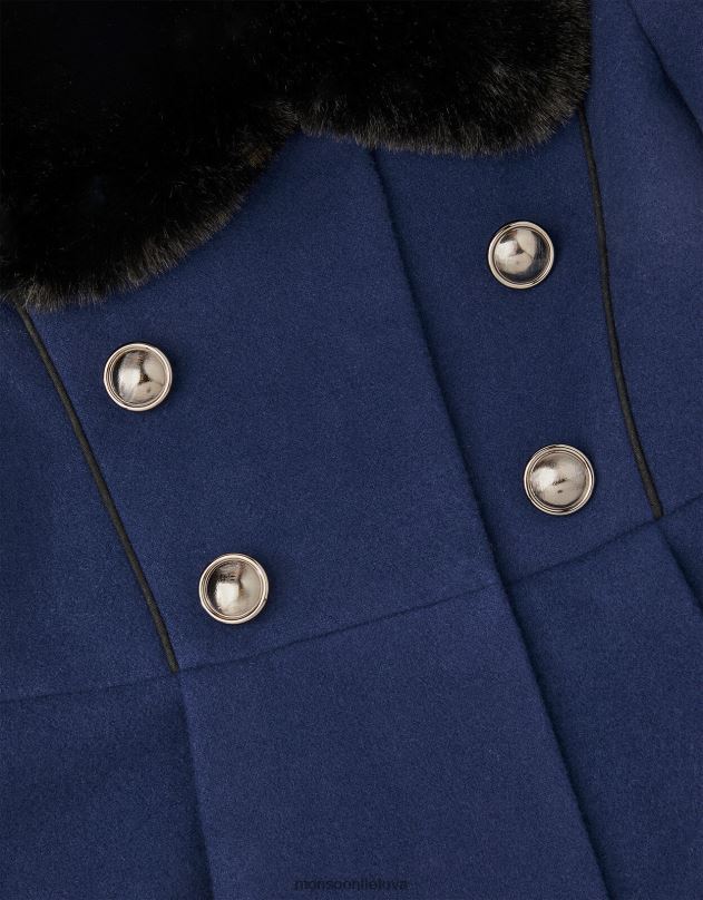 Monsoon dirbtinio kailio apdailos karinio stiliaus paltas mergina mėlyna apranga DPXBJ1568