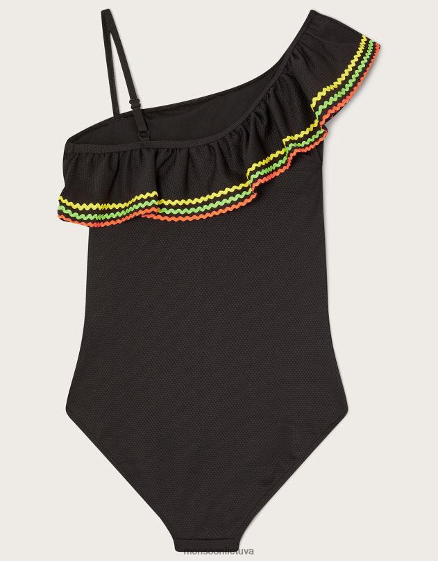 Monsoon ricrac tekstūros maudymosi kostiumėlis ant vieno peties mergina juodas apranga DPXBJ1858