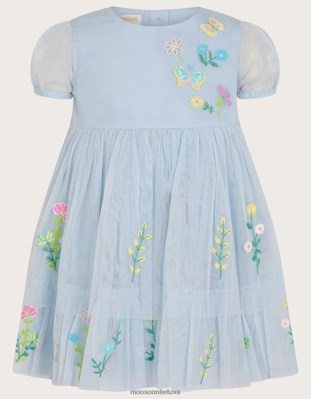 Monsoon kūdikio siuvinėta gėlių suknelė mergina mėlyna apranga DPXBJ2127