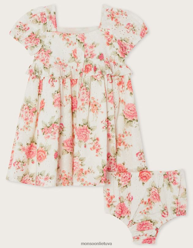 Monsoon naujagimio rožių gėlėmis puoštos broderie suknelės ir kelnaičių komplektas vaikai apelsinas (koralas) apranga DPXBJ2171