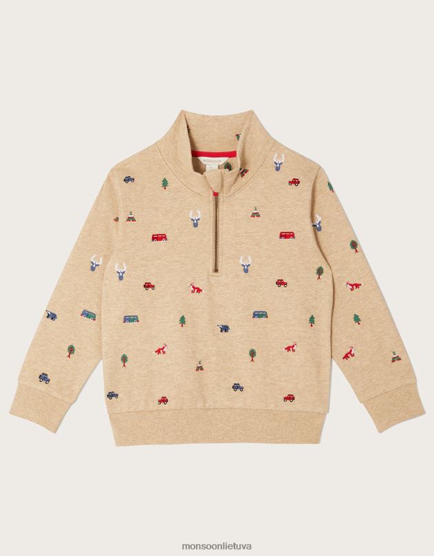 Monsoon siuvinėta megztinė su užtrauktuku apykakle berniukas natūralus (akmuo) apranga DPXBJ2245